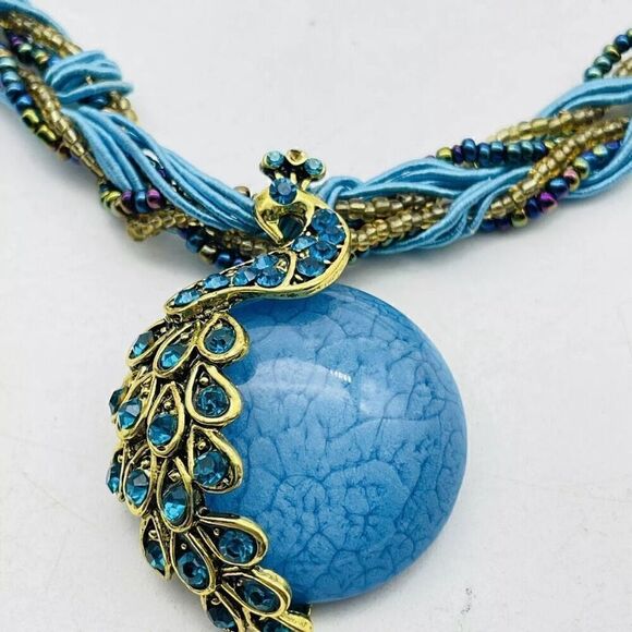 New Blue Natural Round Stone Rhinestone Peacock Beaded Statement Necklace - Picture 4 of 7